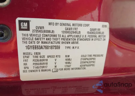 2006 Cadillac Srx V8 from USA, damaged, VIN 1GYEE63A760187559